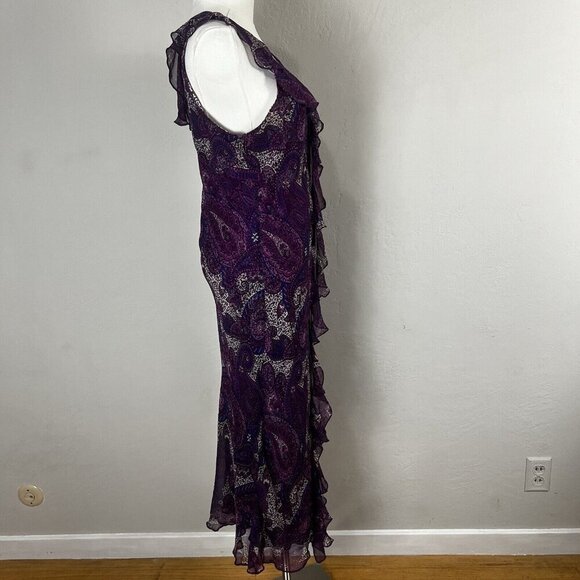 Lena Medoyeff Maxi Dress 100%‎ Silk Purple Paisley V-Neck Ruffle Layered Size 6 - Picture 7 of 11